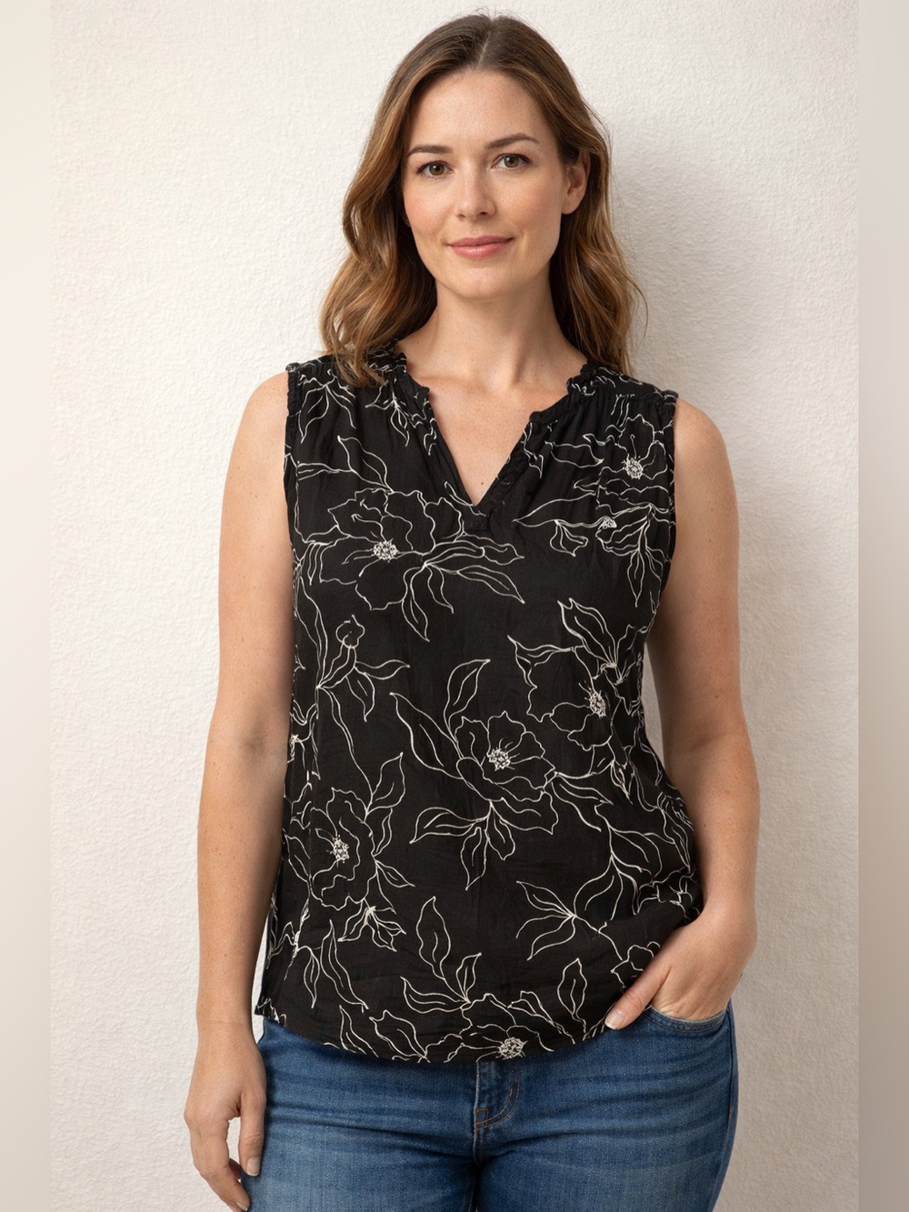 Studio B Black Floral Sleeveless V-Neck Tank
